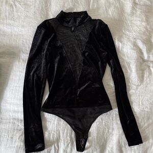 BCBGMaxAzria Black Velvet Long-Sleeve Mesh Bodysuit